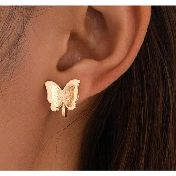 Clip on 1/2" small gold double butterfly button style earrings - Picture 1 of 4